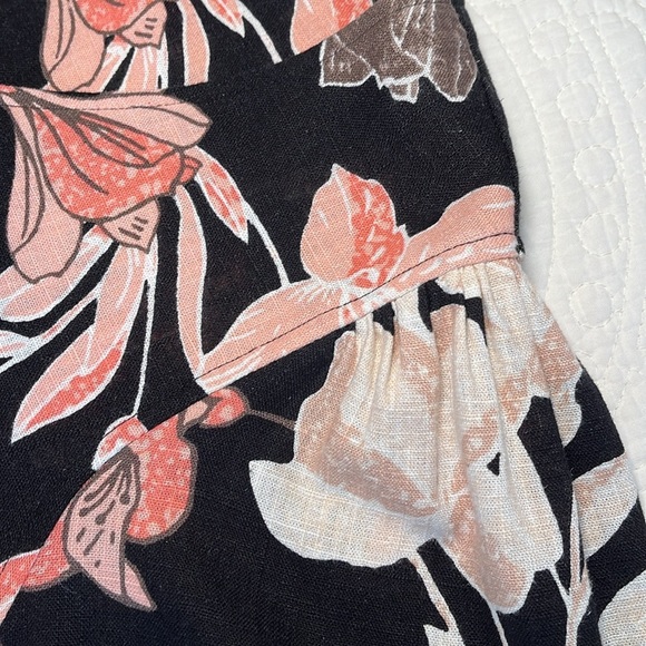 Linen Blend V Neck Dress Black Peach Tropic Floral Print Sz Medium Light Beachy - Picture 13 of 17